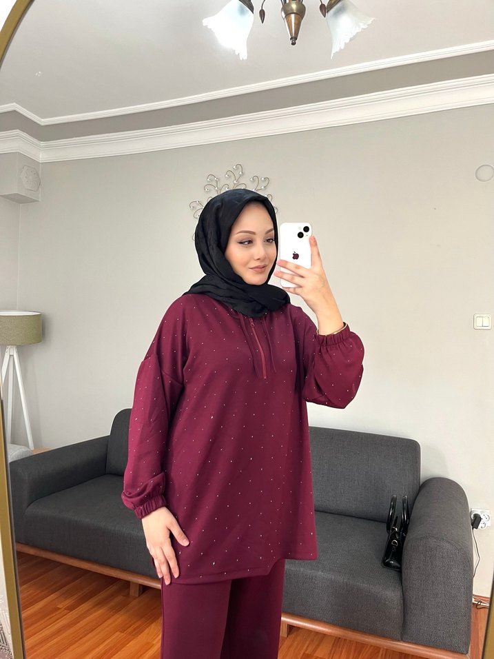 Bordo Payetli Kapüşonlu Rahat Kadın Oysh Takım - Görsel 2