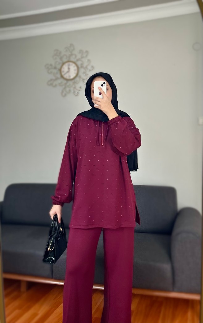 Bordo Payetli Kapüşonlu Rahat Kadın Oysh Takım - Görsel 3