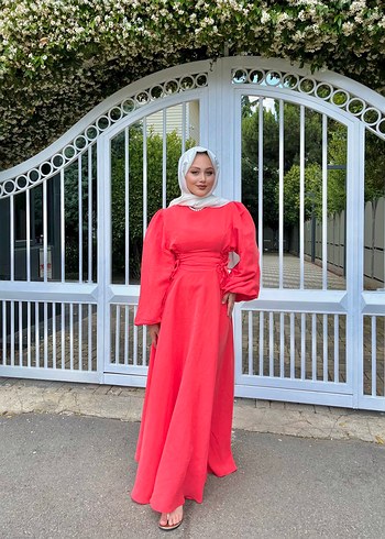 Kırmızı Uzun Kollu Salaş Tesettür Elbise - Görsel 3