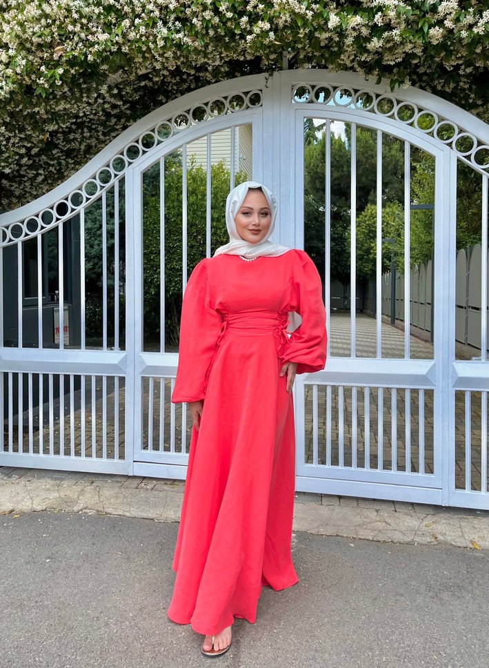 Kırmızı Uzun Kollu Salaş Tesettür Elbise - Görsel 3