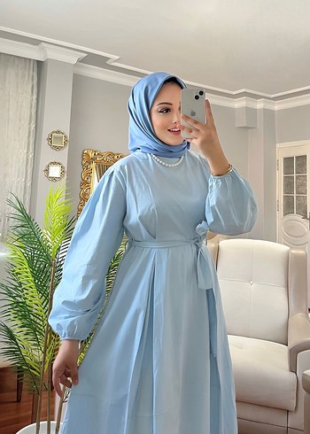 Mavi Bağlamalı Uzun Salaş Elbise - Görsel 2