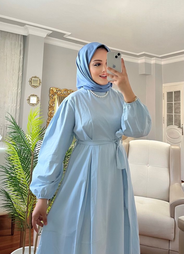 Mavi Bağlamalı Uzun Salaş Elbise - Görsel 2