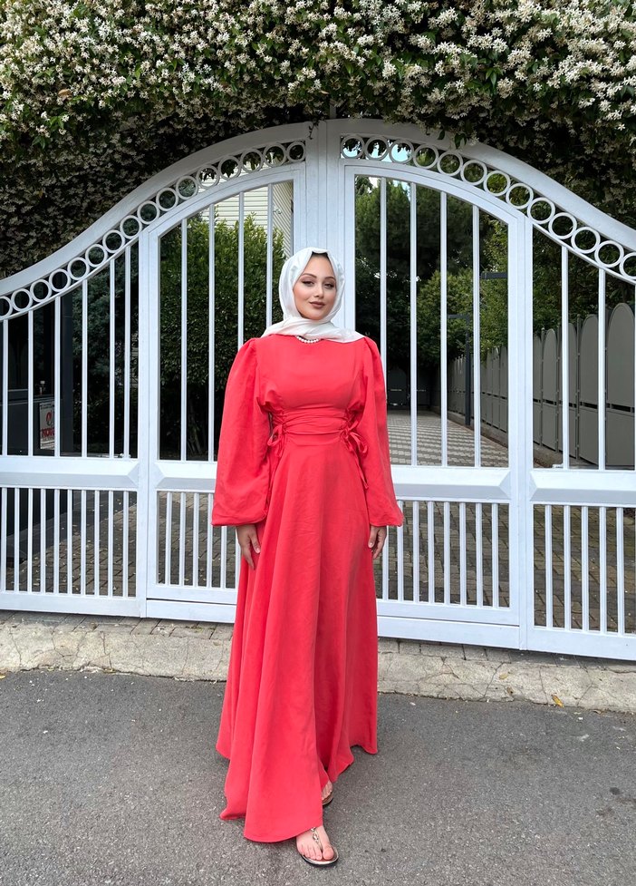 Pembe Drapeli Uzun Kollu Salaş Elbise - Görsel 3