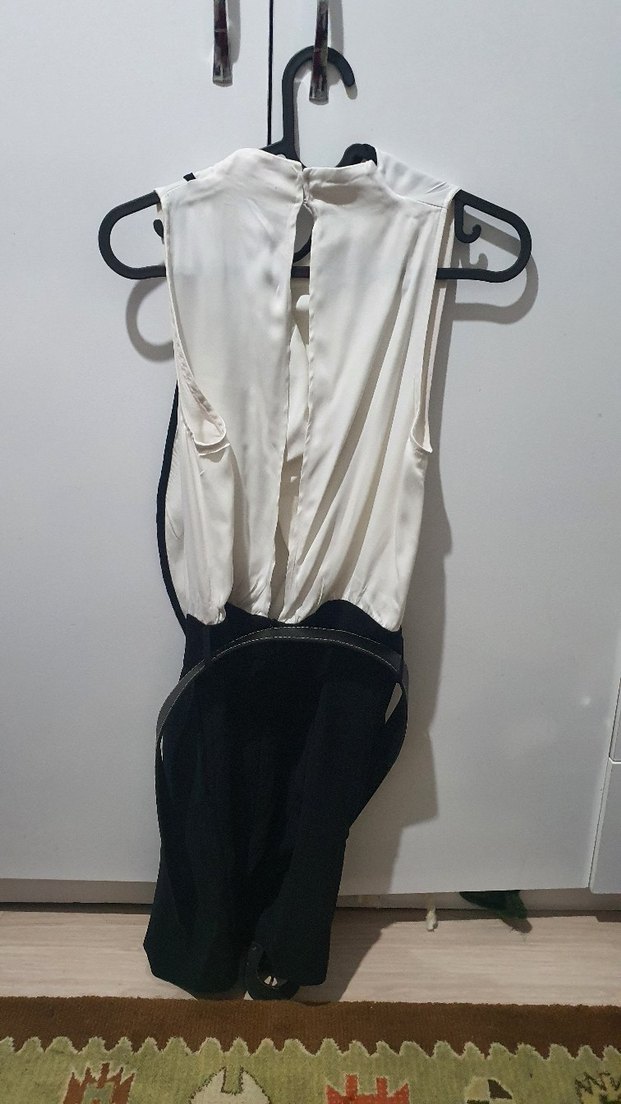 Zara Beyaz Siyah Kemerli Mini Tulum - Görsel 3