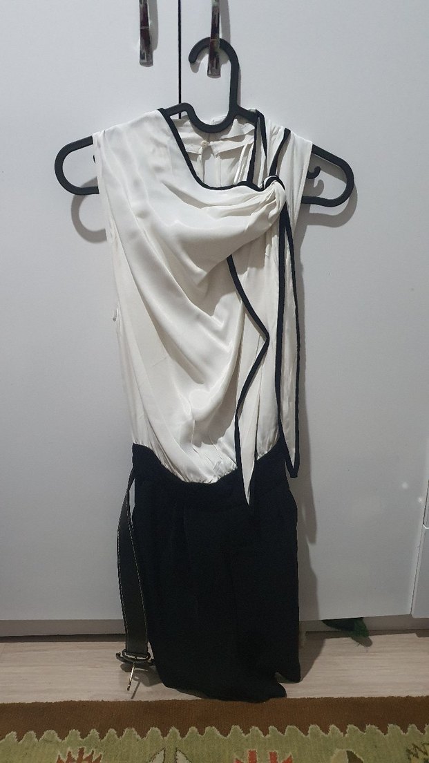 Zara Beyaz Siyah Kemerli Mini Tulum - Görsel 2