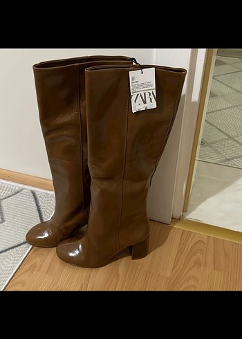 Kahverengi Deri Dizaltı Stiletto Çizme