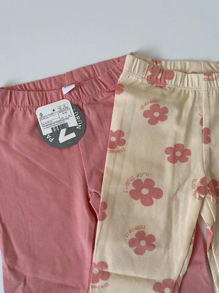 Kız Çocuk Pembe Baskılı Pamuklu Tayt 2'li - Görsel 2