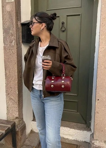 Zara Bordo Deri Kadin Ceket Gevsek Kesim Tokali