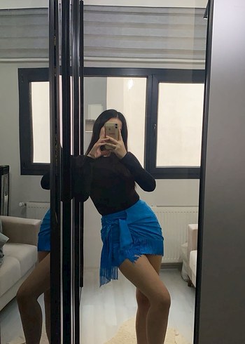 Detaylı Mavi Mini saten Etek