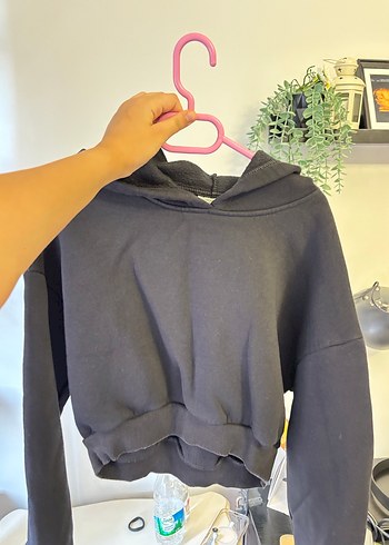 Siyah Kadın Kapüşonlu crop Sweatshirt