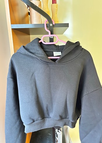 l Beden Siyah Kadın Kapüşonlu crop Sweatshirt
