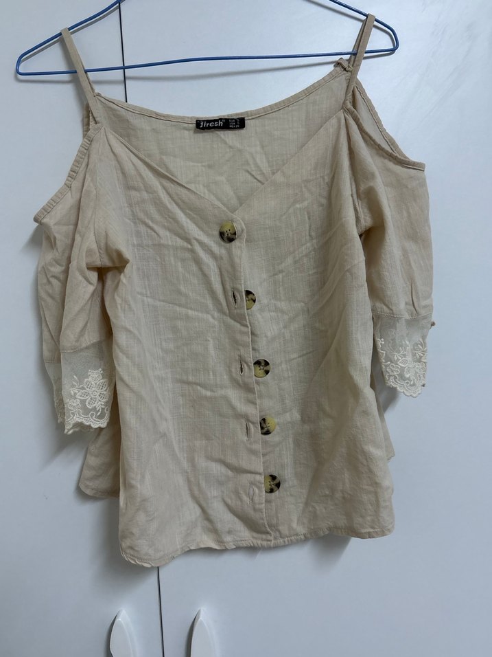 Bej Düğmeli Straplez Keten Bluz - Görsel 3