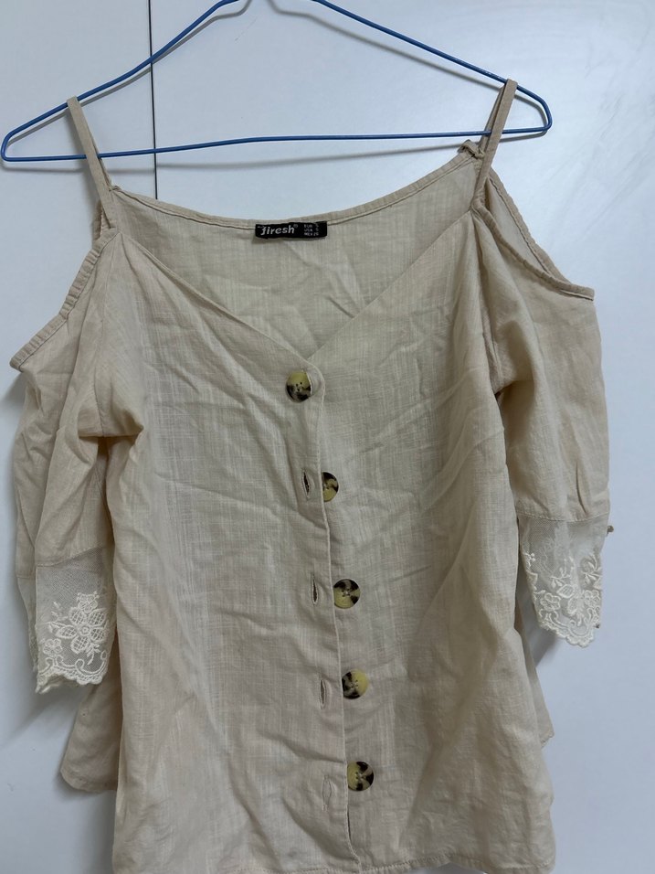 Bej Düğmeli Straplez Keten Bluz - Görsel 2