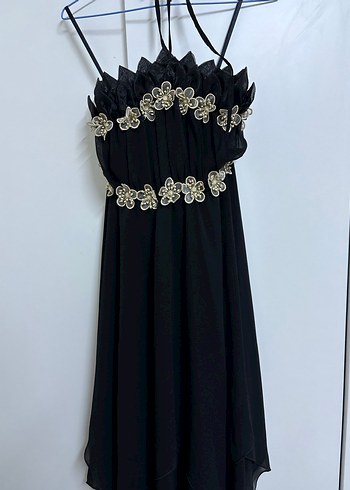 Nakışlı Siyah Uzun İp Askılı Straplez Elbise - Görsel 3