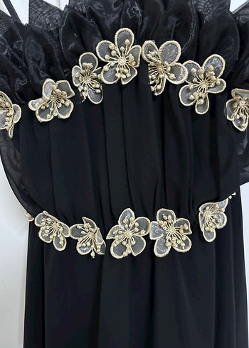 Nakışlı Siyah Uzun İp Askılı Straplez Elbise - Görsel 2