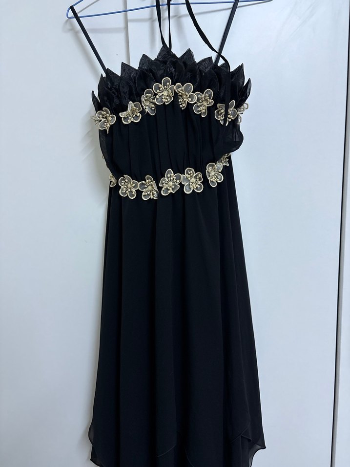 Nakışlı Siyah Uzun İp Askılı Straplez Elbise - Görsel 3