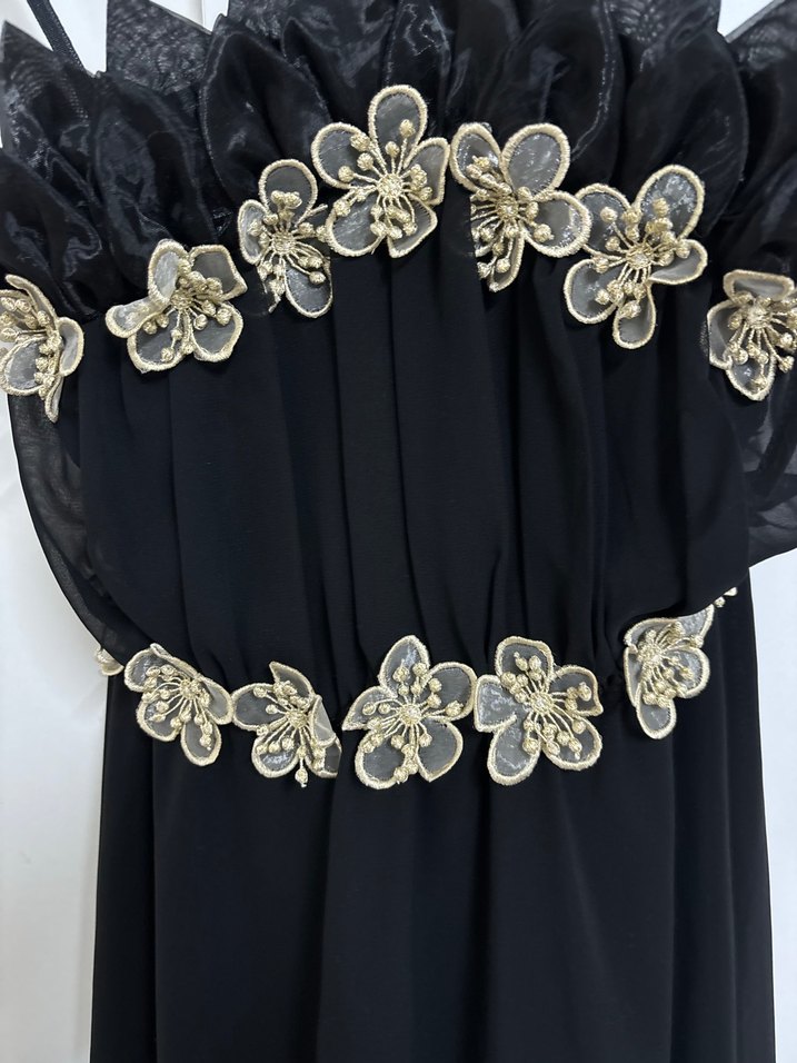 Nakışlı Siyah Uzun İp Askılı Straplez Elbise - Görsel 2