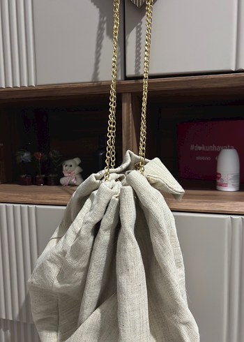 Bej Keten Zincir Detaylı Bohem Kadın Çanta - Görsel 5