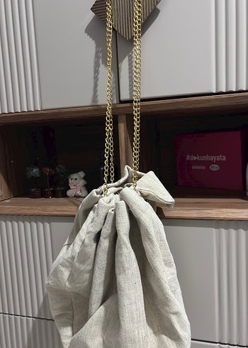 Bej Keten Zincir Detaylı Bohem Kadın Çanta - Görsel 4