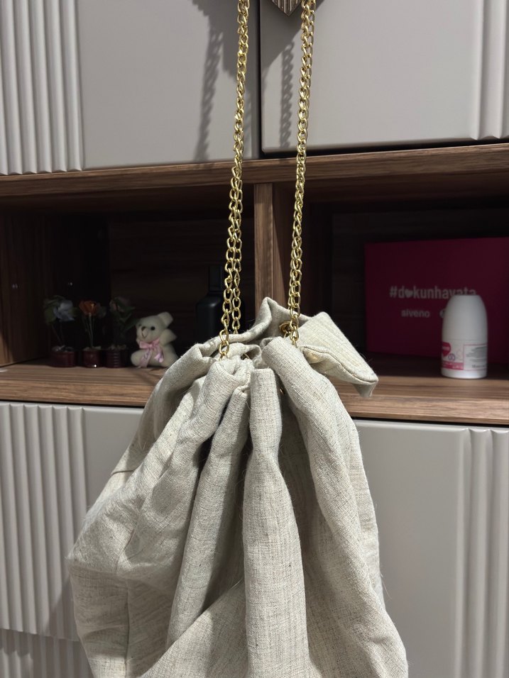 Bej Keten Zincir Detaylı Bohem Kadın Çanta - Görsel 5