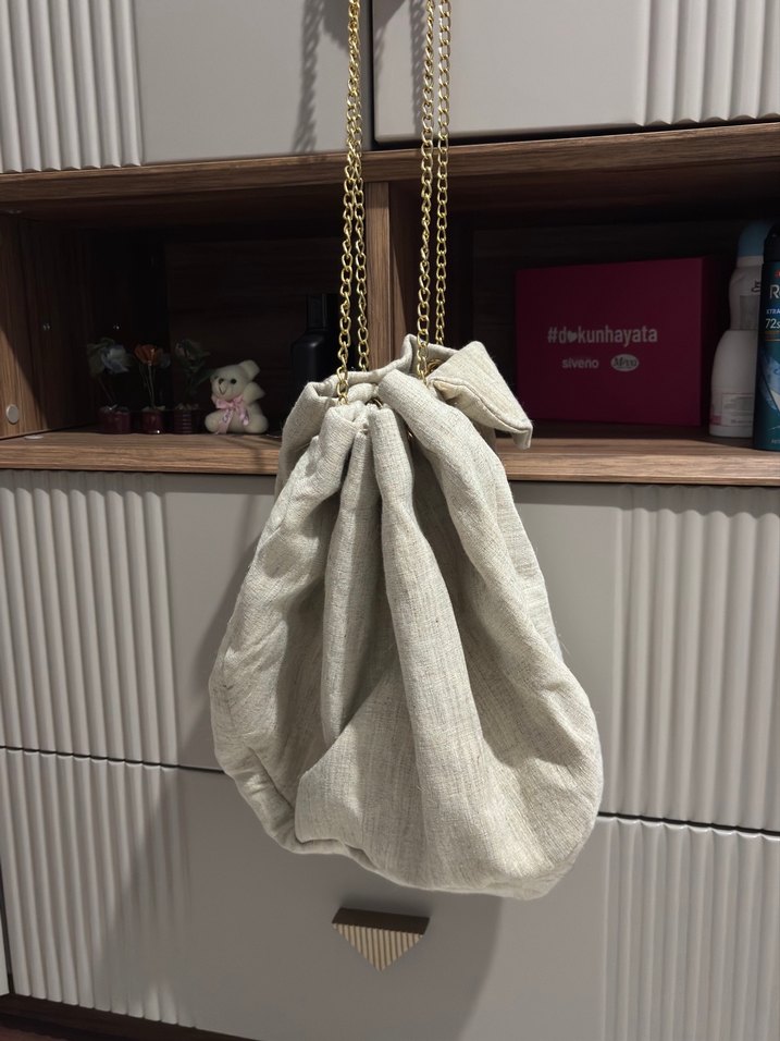 Bej Keten Zincir Detaylı Bohem Kadın Çanta - Görsel 2