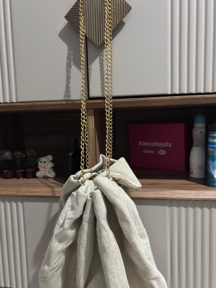 Bej Keten Zincir Detaylı Bohem Kadın Çanta - Görsel 3