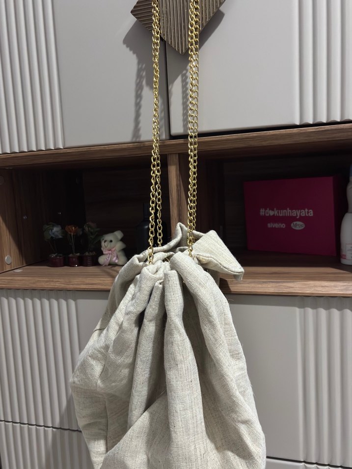 Bej Keten Zincir Detaylı Bohem Kadın Çanta - Görsel 4