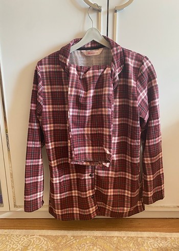 Bordo Ekose Desenli Uzun Kollu Kadın Pijama Takımı - Görsel 2