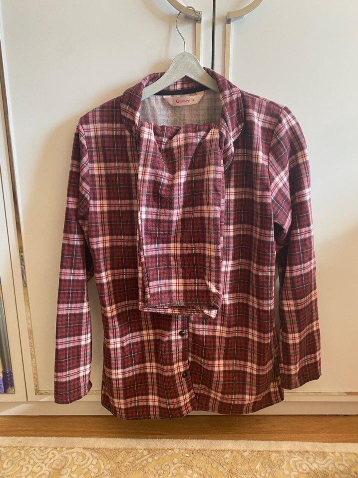 Bordo Ekose Desenli Uzun Kollu Kadın Pijama Takımı - Görsel 2