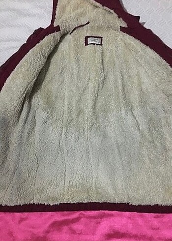 Bordo Kapüşonlu Kadın Mont Peluş Detaylı - Görsel 2