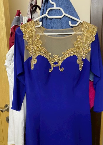 Uzun Kollu Mavi Abiye Elbise - Görsel 3