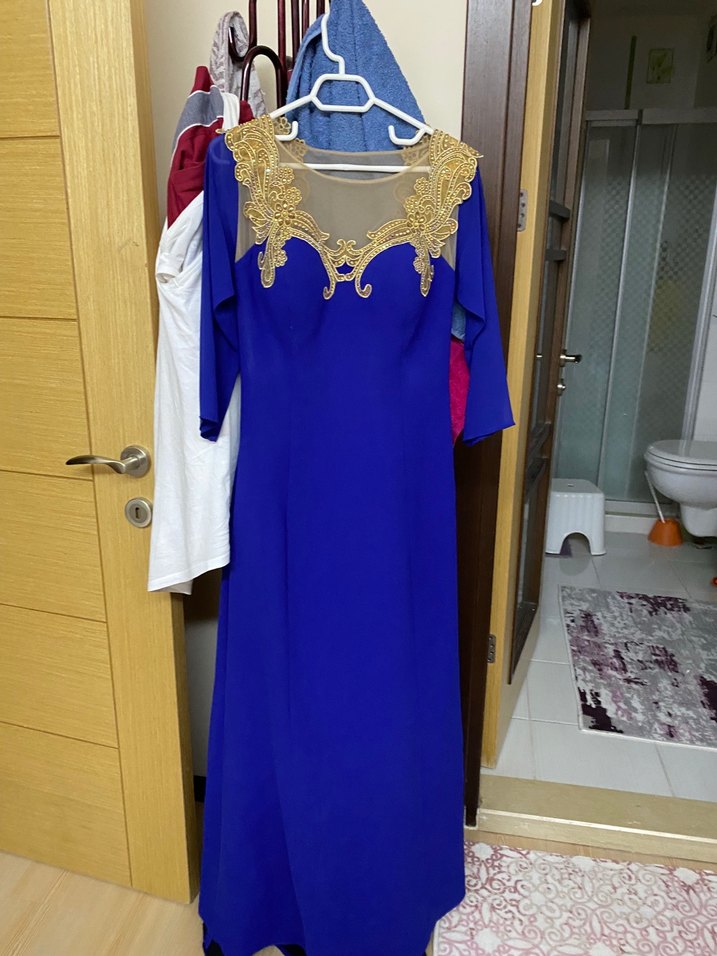 Uzun Kollu Mavi Abiye Elbise - Görsel 4