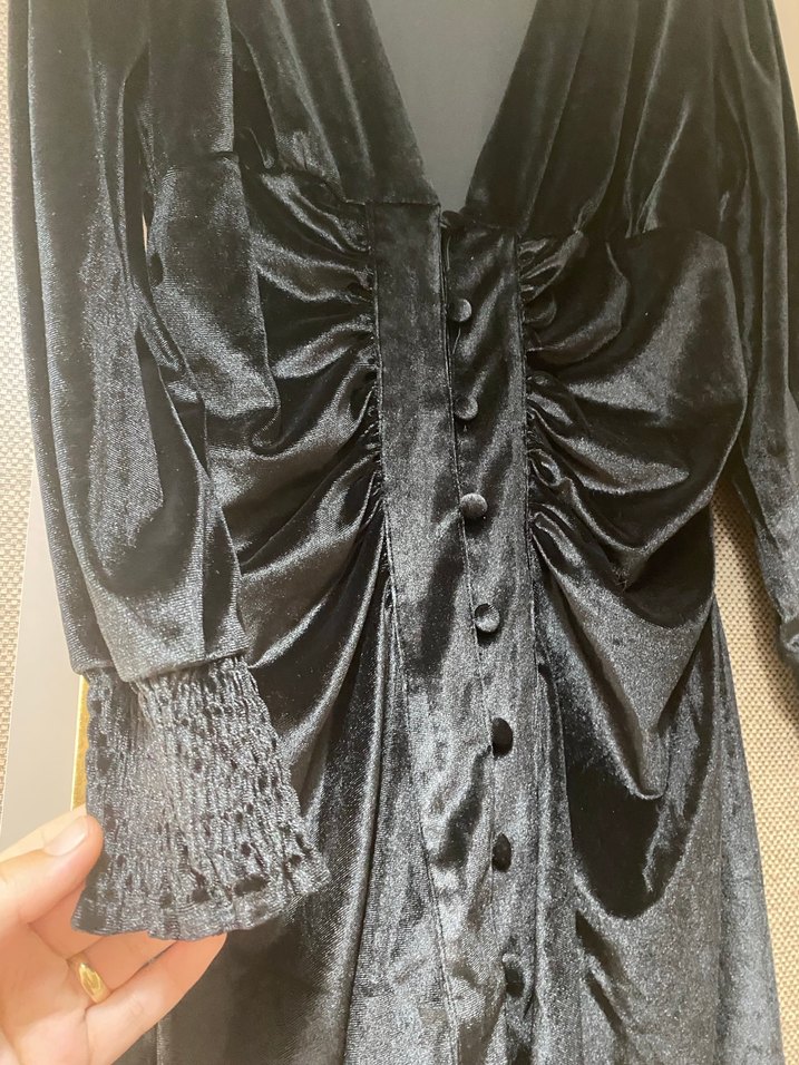 Uzun Kol Düğmeli Siyah Gotik Elbise - Görsel 3