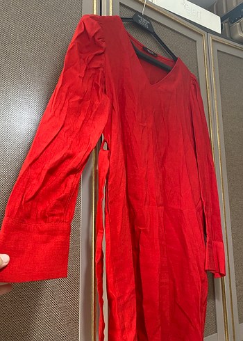 Kırmızı V Yaka Uzun Kollu Hamile Tuniği - Görsel 2