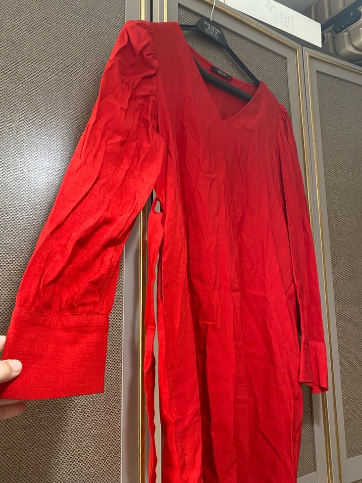 Kırmızı V Yaka Uzun Kollu Hamile Tuniği - Görsel 2