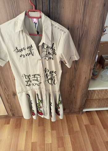Designer Vintage Mini Gömlek Elbise, V Yaka, Düğmeli