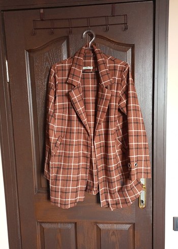 Düğmeli Kahverengi Kareli Kadın Blazer