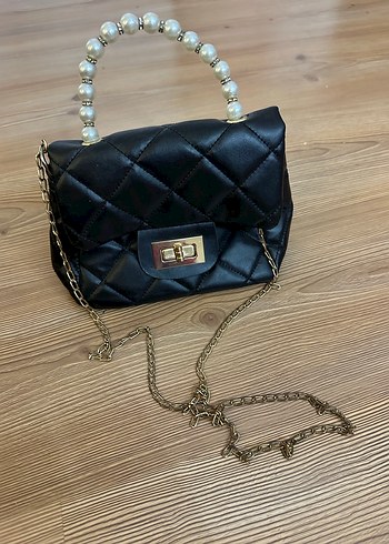 İnci Detaylı Siyah Deri Kadın Çanta - Görsel 3