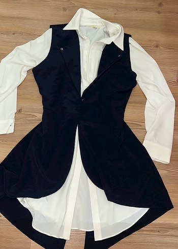 Düğmeli Koyu Midi Kadın gömlek Yelek - Görsel 4