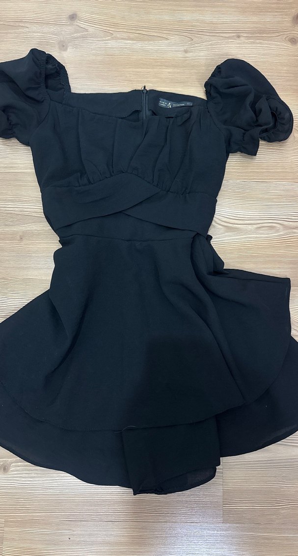 Siyah Mini Fırfırlı V Yaka Kadın Elbise - Görsel 3