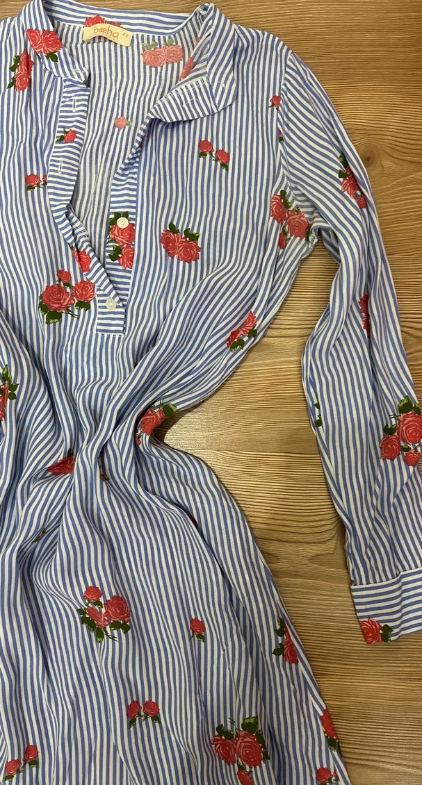 Çiçekli Çizgili Uzun Kollu Bohem Elbise - Görsel 3