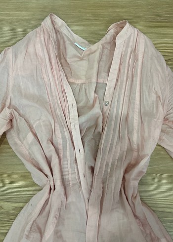 Pembe V Yaka Bol Kesim Keten Gömlek - Görsel 2