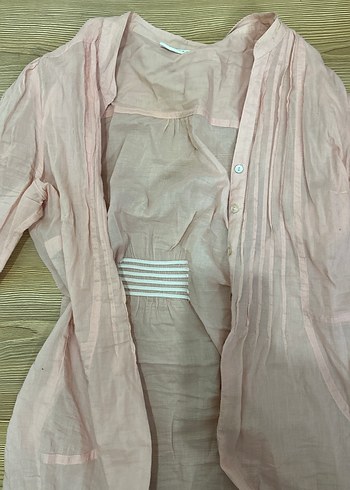 Pembe V Yaka Bol Kesim Keten Gömlek - Görsel 3