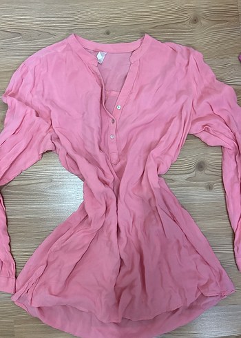 Pembe V Yaka Uzun Kollu Keten Kadın Gömlek - Görsel 3