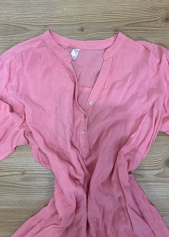 Pembe V Yaka Uzun Kollu Keten Kadın Gömlek - Görsel 2