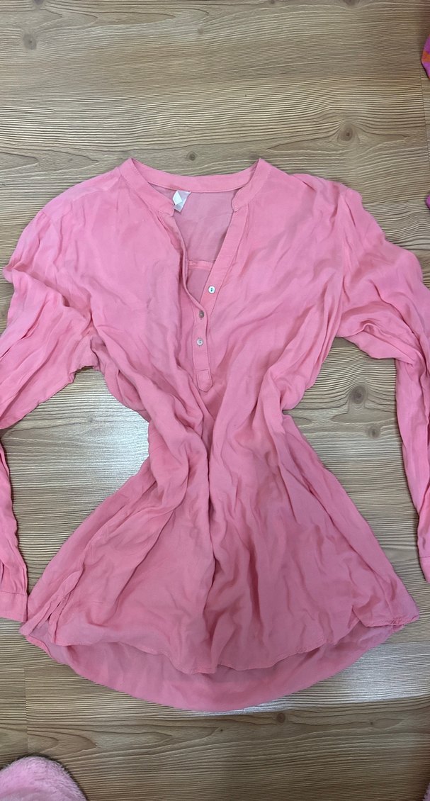 Pembe V Yaka Uzun Kollu Keten Kadın Gömlek - Görsel 3