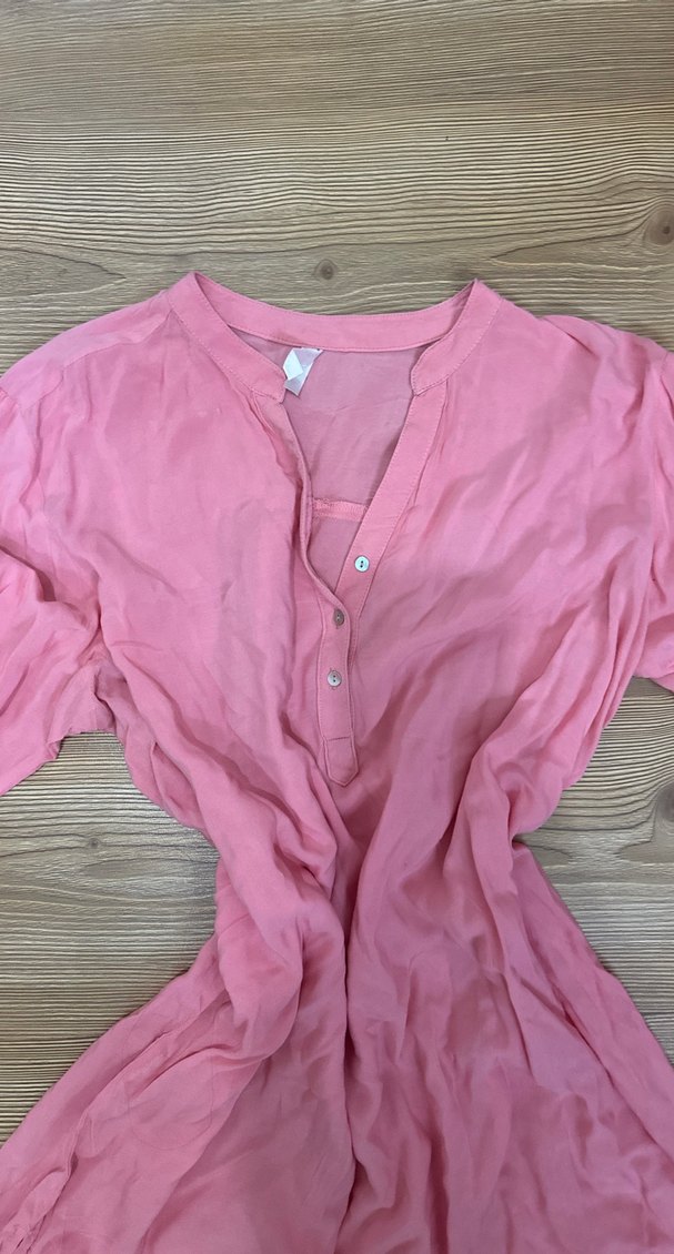 Pembe V Yaka Uzun Kollu Keten Kadın Gömlek - Görsel 2