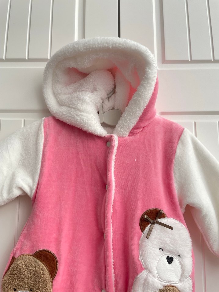 Kapüşonlu Pembe Bebek Tulumu 6/9 Ay - Görsel 3