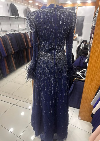 Boncuk İşlemeli Lacivert kenzel Uzun Abiye Elbise - Görsel 2