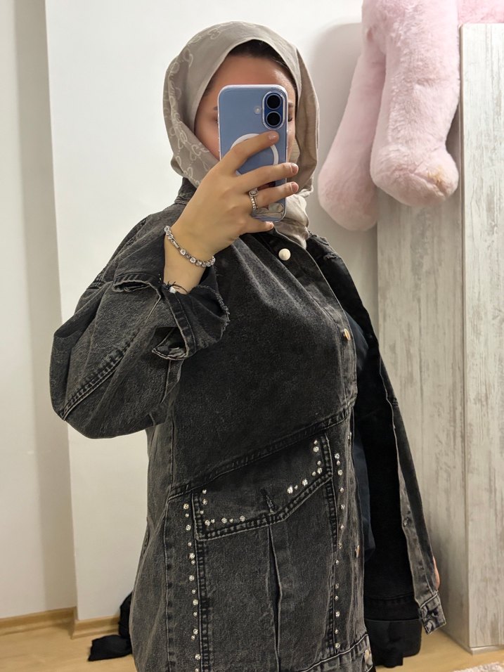 Siyah Yıkamalı Kadın Oversize Denim Ceket - Görsel 2